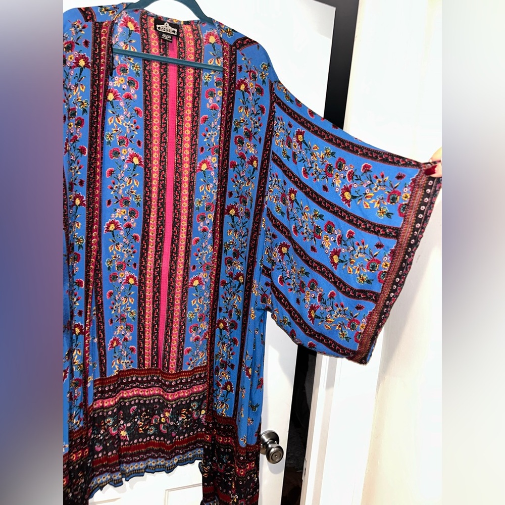 Angie Blue Floral Kimono with Pink and Black Accents